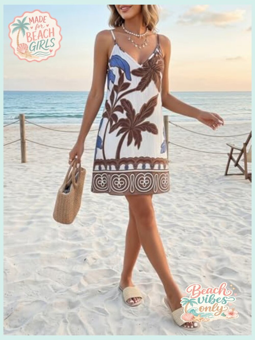 Tropical Print Backless Mini Dress Deep V Neck Flowy Beach Vacation Outfit - Picture 7 of 7